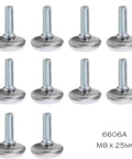 M8x25 Chair Leg Floor Protectors 40 Pack Adjustable Furniture Levelers angled view of ten stainless steel caps to prevent wobbly furniture.