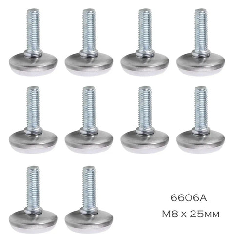 M8x25 Chair Leg Floor Protectors 40 Pack Adjustable Furniture Levelers angled view of ten stainless steel caps to prevent wobbly furniture.