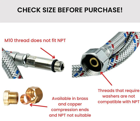 Diagram showing M10 and NPT thread incompatibilities with brass adapters, highlighting need for size check before purchase.