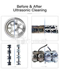 Before & after images showing parts cleaned with the Badass Portable Ultrasonic Cleaner Bath Paired With A 600W Immersible Transducer Generator.