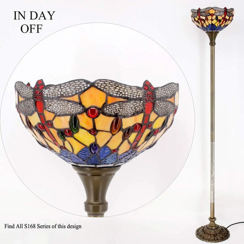 Tiffany Style Floor Lamp With Bold Orange Blue Dragonfly Stained Glass Shade, 12 Inch Wide, 71 Inch Tall Torchiere Uplight For Corner
