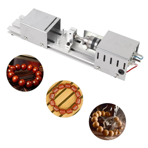 Badass Mini Lathe And Portable Rotary Tool For Woodworking Hobbyists With 7000 Rpm Speed Adjustment Rock Solid Aluminum Base shown with wooden beads.