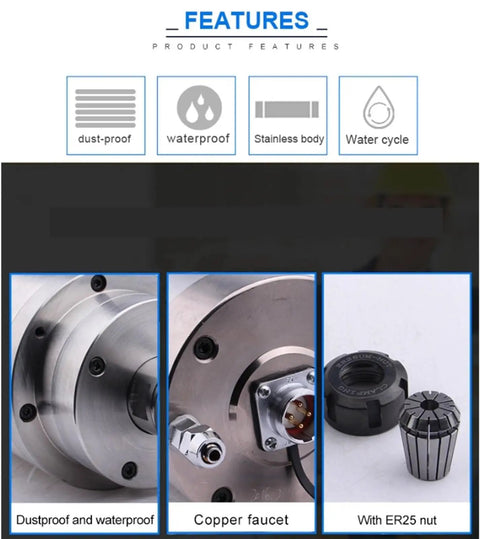 Beefy Torque Water Cooled Milling Spindle With ER32 Chuck XY20 Four Hole Aviation Plug 3.2KW 380V close-up features