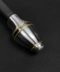 Close-up of metal pommel with gold accents on One Hand Medieval Sword Prop With High Carbon Steel Blade 41.25 Inch, Black Scabbard