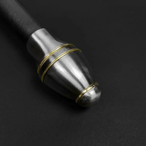 Close-up of metal pommel with gold accents on One Hand Medieval Sword Prop With High Carbon Steel Blade 41.25 Inch, Black Scabbard