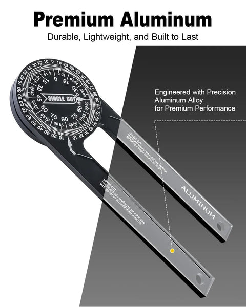 Hella Tough CNC Machined Aluminum Miter Saw Protractor And Rapid Angle Finder With Laser Engraved Scales, 7.2 inch, premium aluminum, lightweight design.