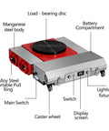 Powerful Heavy Duty Electric Machine Skates With Wireless Remote Control For Moving Massive Gear Loads Up To 25 Tons In Factories And Warehouses, featuring a battery compartment and display screen.
