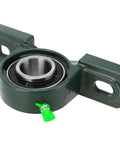 Front view of green 1-inch bore pillow block bearing with cast-iron base and mounting ears.