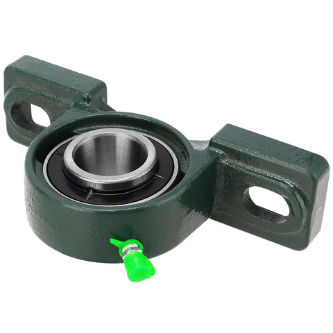 Front view of green 1-inch bore pillow block bearing with cast-iron base and mounting ears.