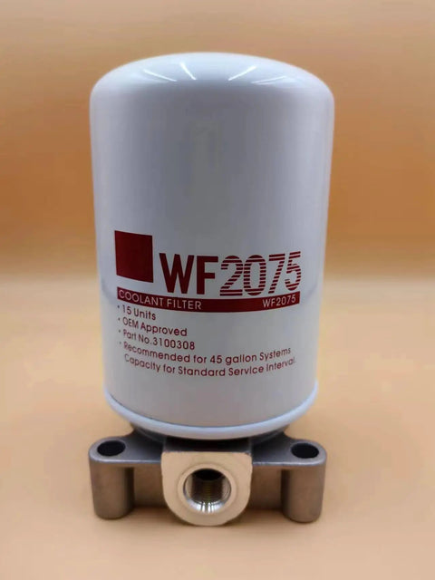 Water Coolant Filter Spin On WF2075 With Base for Cummins ISM11 and Peterbilt Series 60, show 11/16 UN 2B thread base close-up.