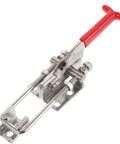 Adjustable Metal Toggle Latch With Strong Gripping Power for cabinets, suitcases, DIY projects; stainless steel with red handle.