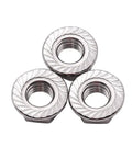 50 Pack M5 Serrated Flange Hex Locknuts Crafted From Top Shelf 304 Stainless Steel With Slick Bright Finish And Built Tough Corrosion Resistance For Real World Jobs, showing three locknuts with serrated flanges.