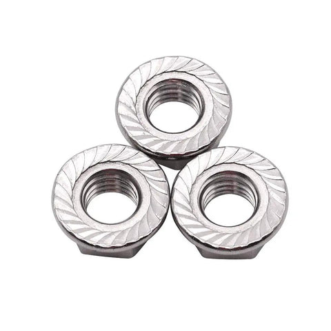 50 Pack M5 Serrated Flange Hex Locknuts Crafted From Top Shelf 304 Stainless Steel With Slick Bright Finish And Built Tough Corrosion Resistance For Real World Jobs, showing three locknuts with serrated flanges.