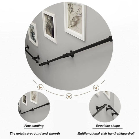 Heavy Duty Modern Black Wall Mount Stair Handrail Kit Built Tough With Anti Rust Wrought Iron, fine details, smooth grip.