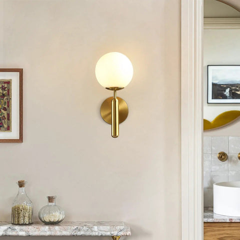 Milk Glass Globe Wall Sconce With Brushed Brass Body In Mid Century Modern Gold Finish Wall Light For Vanity Bathroom Bedroom And Hallway