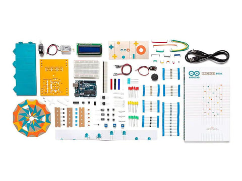 All In One Hands On Electronics Starter Kit With 12 DIY Projects Full Components And English Project Book displayed on a table.