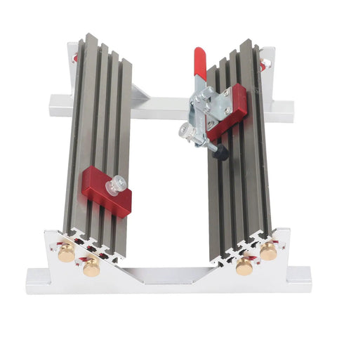 Sturdy Adjustable Aluminum Drawer Clamp For Milling Table Saw Featuring Knockout Precision Spline Locators Plus Smooth As Silk Uhmw Glides For No Sweat Furniture Joinery Tasks Spanning Half To Sixteen Inches Wide, close-up view showing aluminum tracks and clamps.