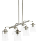 Six Light Industrial Linear Chandelier With Seedy Glass Diffusers in Brushed Nickel Finish, includes 12 inch rods, side view