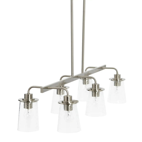 Six Light Industrial Linear Chandelier With Seedy Glass Diffusers in Brushed Nickel Finish, includes 12 inch rods, side view