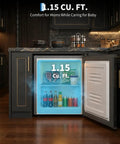 Compact Upright Freezer 1.1 Cubic Foot Stainless Steel Mini Cooler showing 1.15 Cu. Ft. interior with drinks and food.