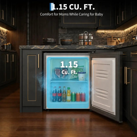 Compact Upright Freezer 1.1 Cubic Foot Stainless Steel Mini Cooler showing 1.15 Cu. Ft. interior with drinks and food.