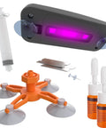 DIY Windshield Repair Kit For Cracks And Chips With UV Curing System, featuring tools, UV lamp, resin, for quick auto glass fixes