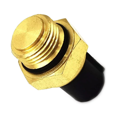 Coolant water temperature sensor, brass threaded body with black housing (close-up)