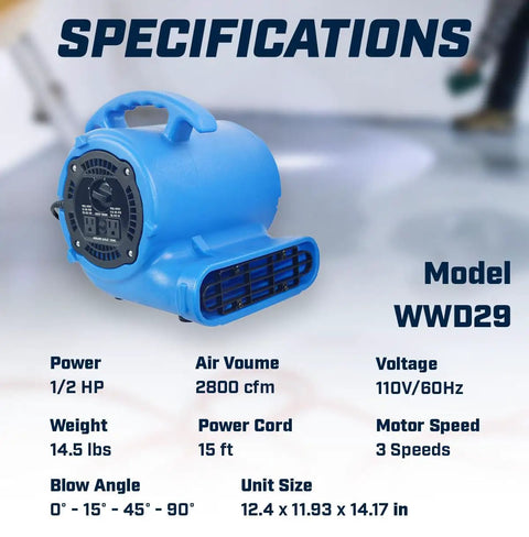 Pro Grade Heavy Duty Industrial Air Mover And Carpet Dryer, 2800 CFM, blue blower with specifications displayed, side view