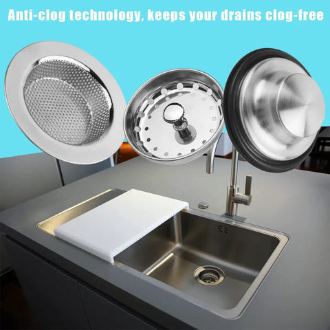 Universal Three In One Kitchen Sink Stopper Strainer Set With Stainless Steel Basket Drain Filter Perforated Sieve For Three And A Half Inch Drains Anti Clogging Easy Fit Keeps Water In Traps Scraps