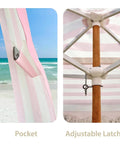 Close-up of sand pocket and adjustable latch on Boho Beach Cabana With Fringe And Tassels, 7x7 Ft Easy Setup Canopy with rose stripes.