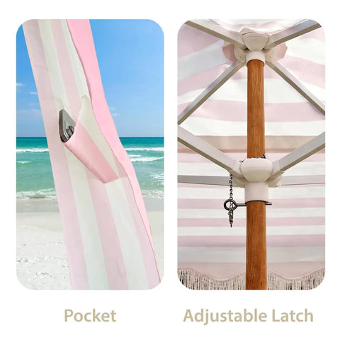 Close-up of sand pocket and adjustable latch on Boho Beach Cabana With Fringe And Tassels, 7x7 Ft Easy Setup Canopy with rose stripes.