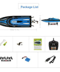 Package contents of H100 RC Boat 2.4GHz Remote Control Speedster With 180 Flip, including remote, battery, and accessories.
