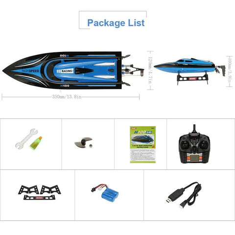 Package contents of H100 RC Boat 2.4GHz Remote Control Speedster With 180 Flip, including remote, battery, and accessories.