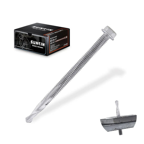 44 Pieces Self Tapping Screws For Metal Hex Head Size 12 By 3 Inch Self Drilling displayed with box and installed example