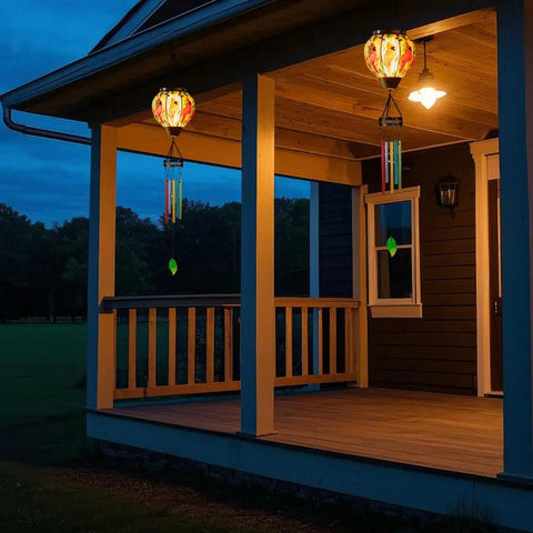 Solar Wind Chimes For Outdoors Featuring Cardinal Hot Air Balloon Glass Wind Chimes with night light on porch