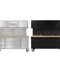 72 Inch Tool Cabinet Chest With 15 Drawers And 3 Upper Cabinets In Black Stainless Steel Mobile Rolling Workbench With Lockable Storage For Garage Workshop Beefy Tool Box Two Pack, front view