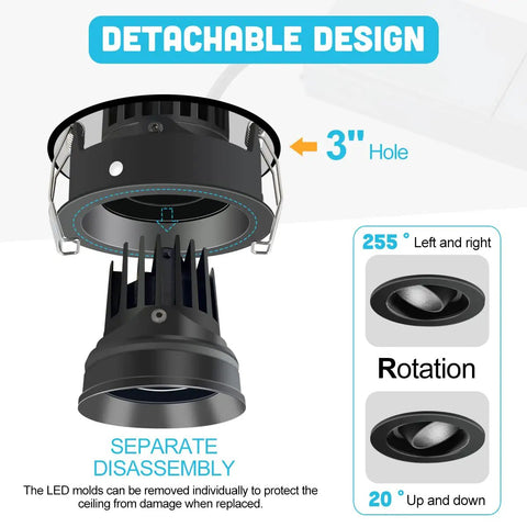 Cool 3 Inch Recessed LED Downlight Kit In Black With Adjustable Gimbal Eyeball showing detachable design and rotation angles