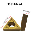 Front view of gold-tone carbide turning insert with central hole beside a rectangular shank; 16 mm insert, 4 mm wide
