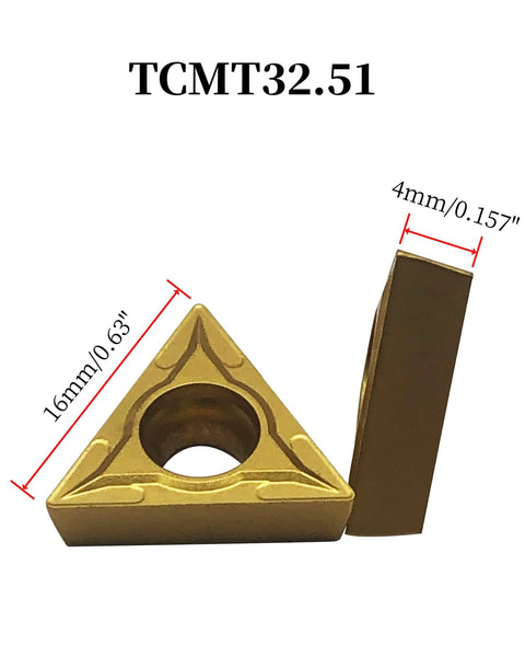 Front view of gold-tone carbide turning insert with central hole beside a rectangular shank; 16 mm insert, 4 mm wide