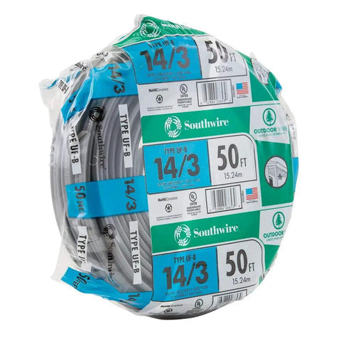 14/3 UF B Underground Feeder Cable 50 Ft Copper Wire For Outdoor Direct Burial All Weather Wet And Sunlight Resistant 600V Rated