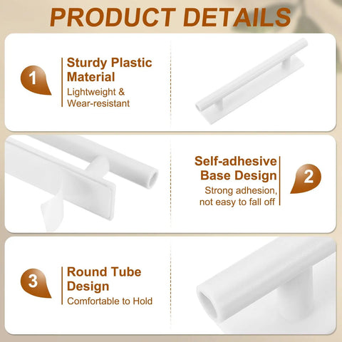 10 Pack Self Stick Push Pull Helpers 6 Inch Round Plastic Adhesive Cabinet Handles Easy Install Stick On For Kitchen Cabinets Windows Sliding Doors Closets Wardrobes White detail view of white plastic handle, adhesive base, round tube design