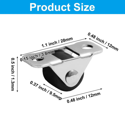 Smooth Rolling Mini Rigid Caster Wheels 8 Pack size details showing 1.1 inch steel and rubber design for furniture and cabinets.