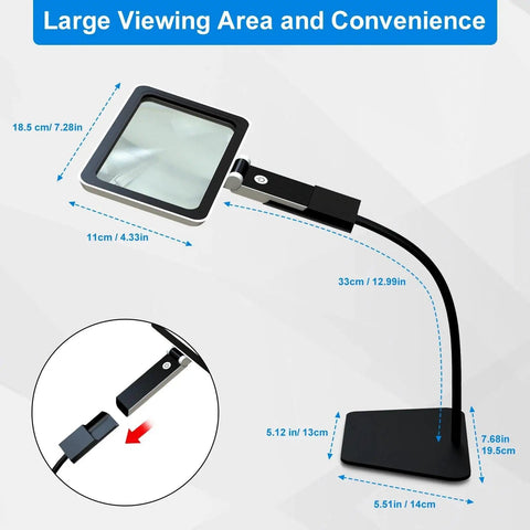 5X Full Page Magnifier With Light And Stand For Reading showing size dimensions and adjustable gooseneck