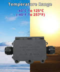 Beefy 2 Way IP68 Waterproof Junction Box For Outdoor Electrical Enclosures, Clamshell Style Underground Box With Airtight Plastic Case And Screw Terminal Block, Weatherproof, Max Inner Diameter 12mm, shown with temperature range