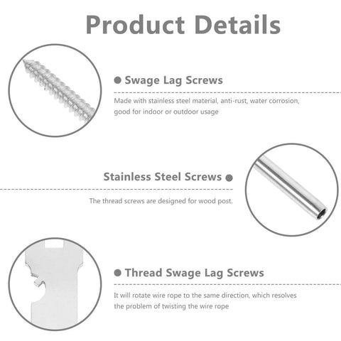Product details of Thirteen Piece Stainless Steel Crimp Lag Screws Set With Spanner For Left And Right Handed Deck Cable Railing And Outdoor Heavy Duty Wood Fixing Perfect For Fences Decks Pergolas And Outdoor Structures, showing screws description.