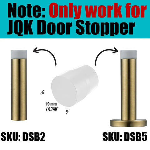 Image showing Ten Pack White Rubber Door Stopper Bumpers for DSB2 and DSB5, with dimensions and installation note for JQK Door Stopper.