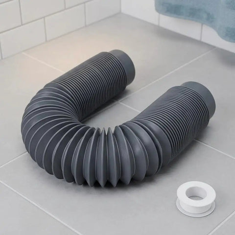 SILENRADAWN Flexible Bathtub Drain Pipe 1 Piece Black Freestanding Tub Kit on grey bathroom tile, showing flexible design.