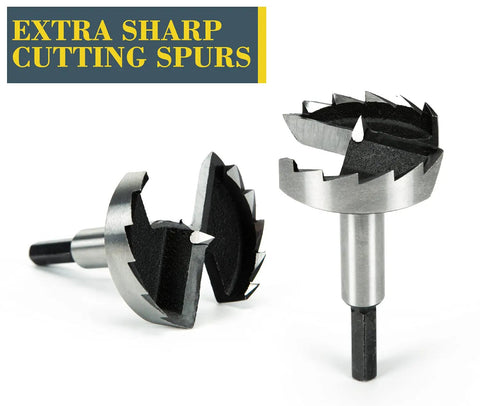 Hex Shank Forstner Bit Set 16 Piece Wood Drill Bit Kit With Multi Sided Shanks showcasing sharp cutting spurs close-up
