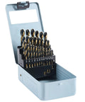 Front view of a 29-piece drill bit set in a blue indexed storage case with black and gold HSS bits.