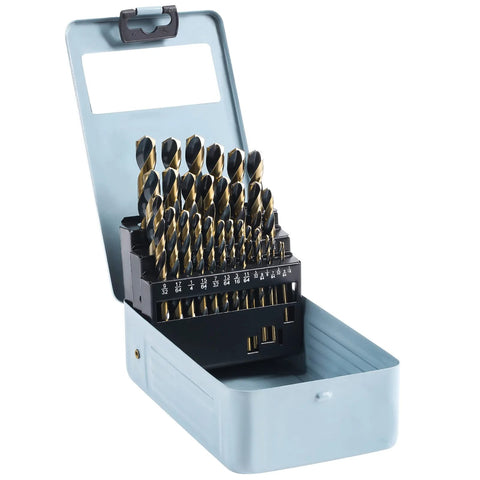 Front view of a 29-piece drill bit set in a blue indexed storage case with black and gold HSS bits.